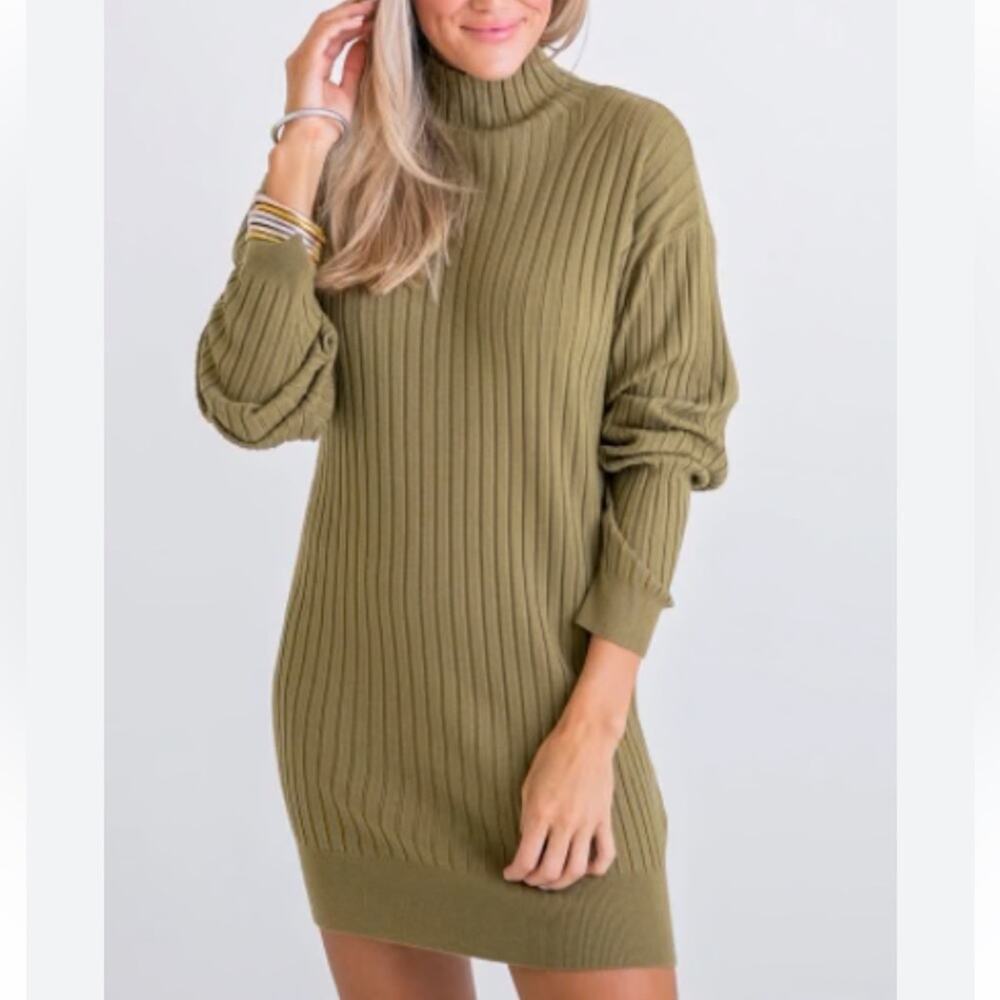 KARLIE Olive Green Ribbed Cashmere Rayon Mini Sweater Dress Size S
